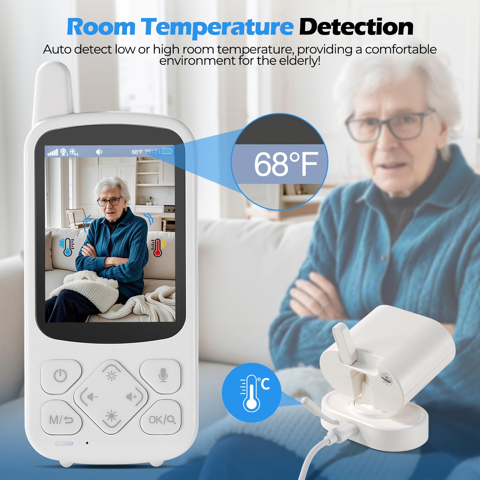 JEMXITG Temperature sensor monitors room conditions for caregivers.