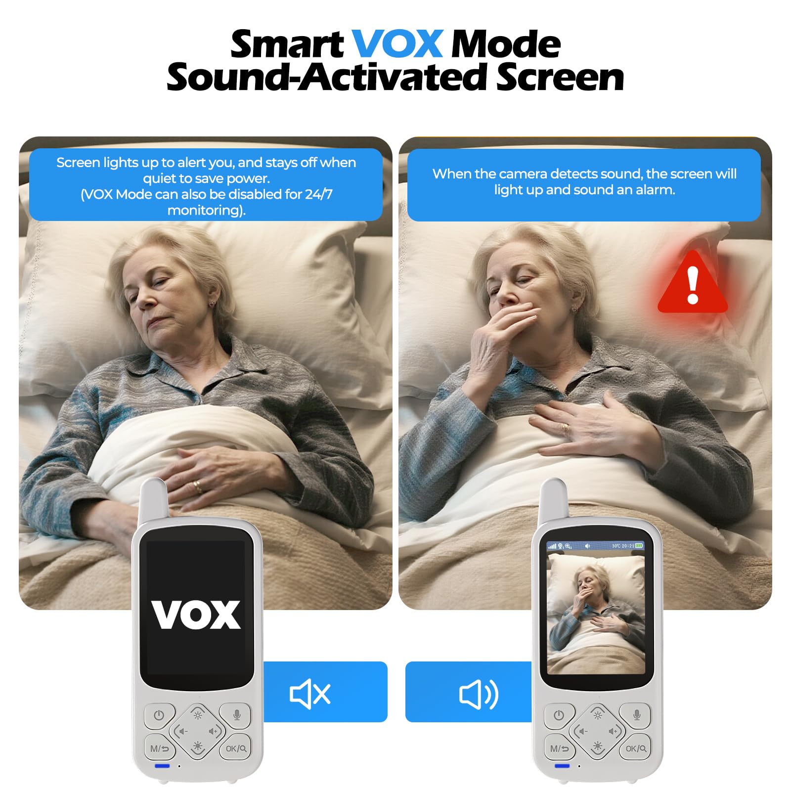JEMXITG VOX sleep mode triggers on sound for energy-efficient monitoring.
