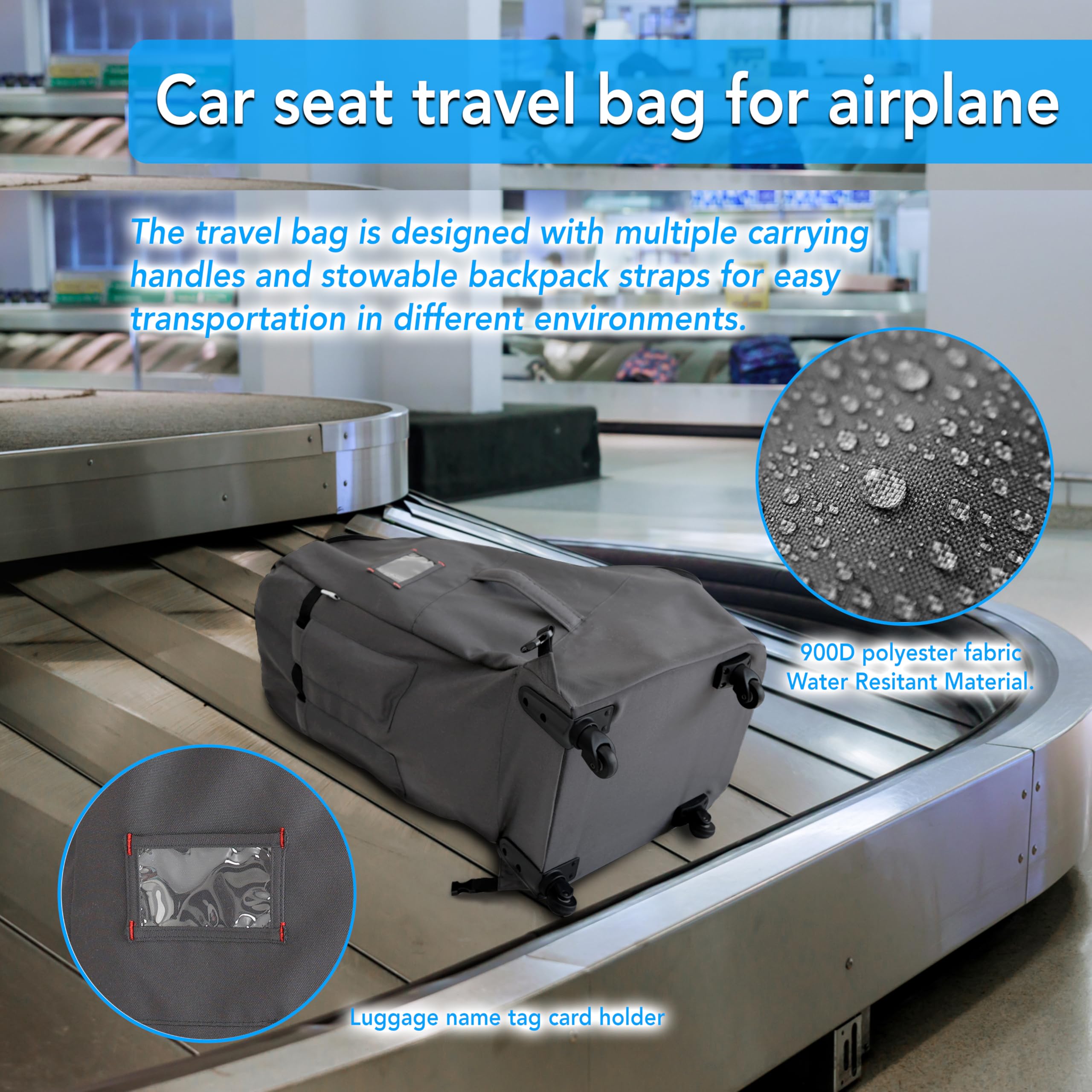 Jenen Jnzen car seat bag with wheels rolling action reduces effort on uneven surfaces