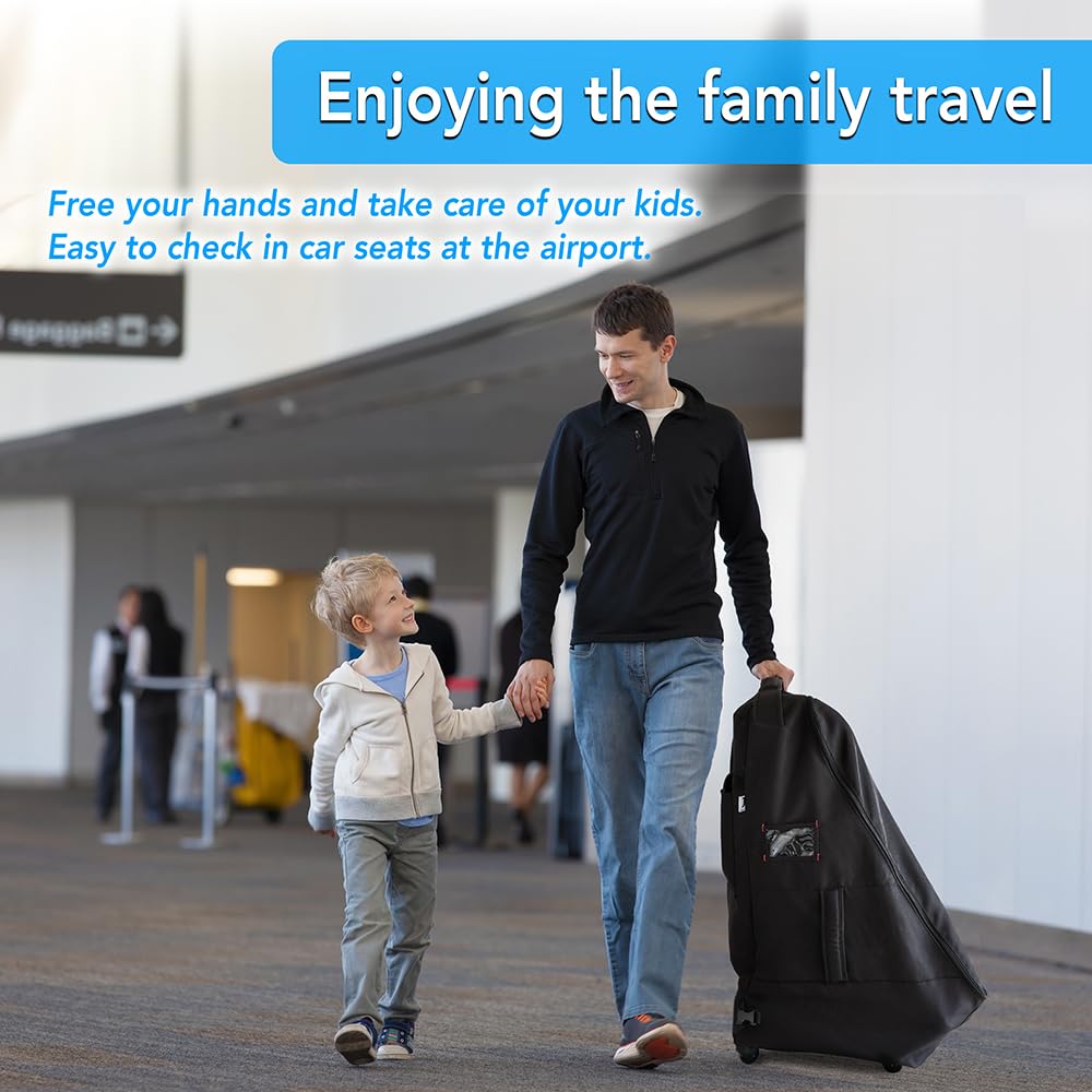 Jenen Jnzen car seat travel bag with wheels side view protects seat during check-in.