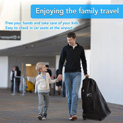 Jenen Jnzen car seat travel bag with wheels side view protects seat during check-in.