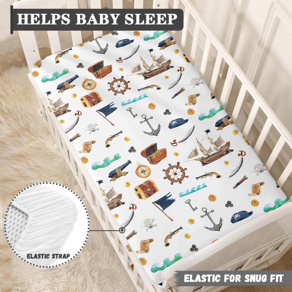 JEPFEIXIA pirate ship sheet with elastic edge demonstrates snug fit on crib mattress