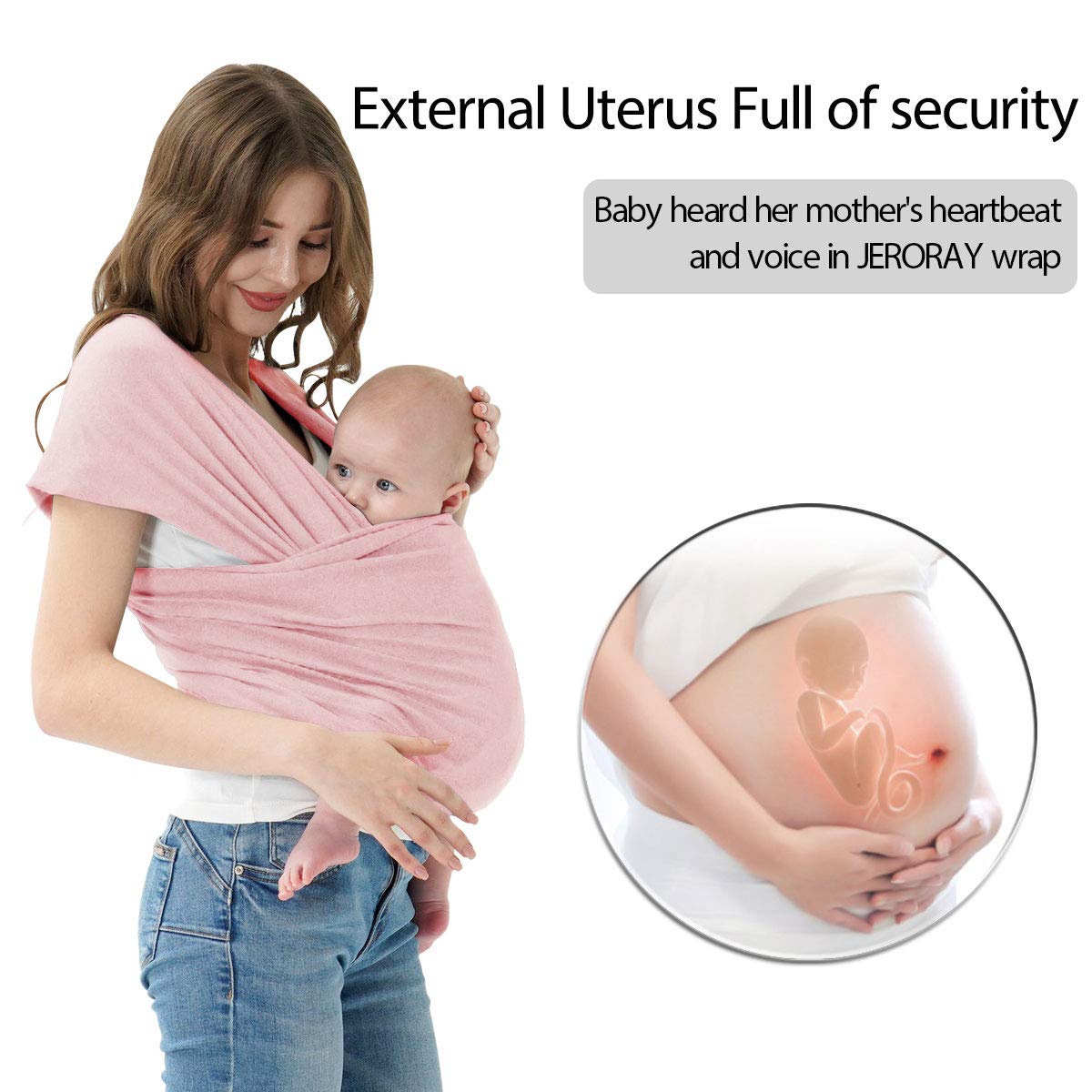 Jeroray Baby Wrap demonstrates a secure hug and hands-free versatility