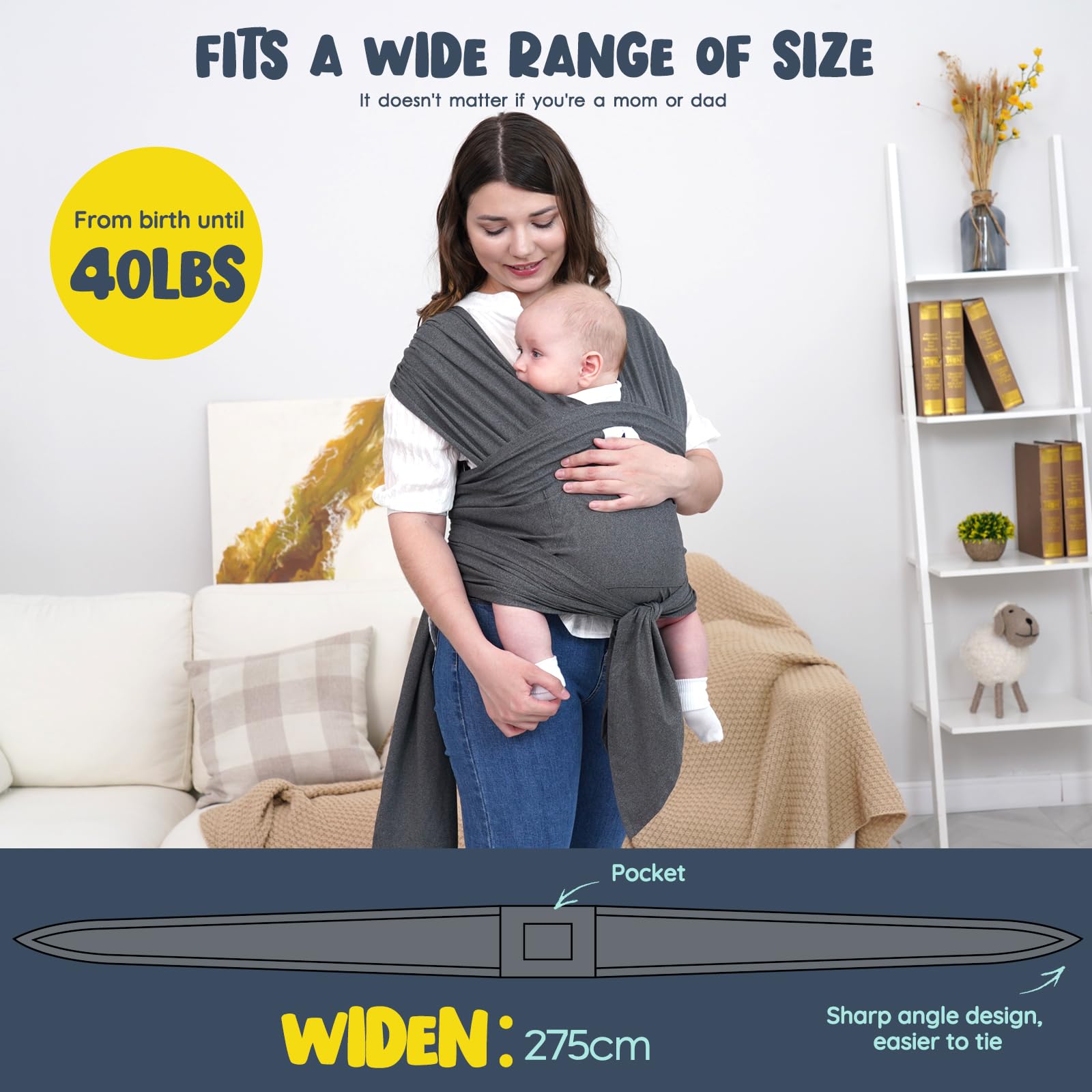 Jeroray baby wrap sling extended ties allow versatile, secure fits.