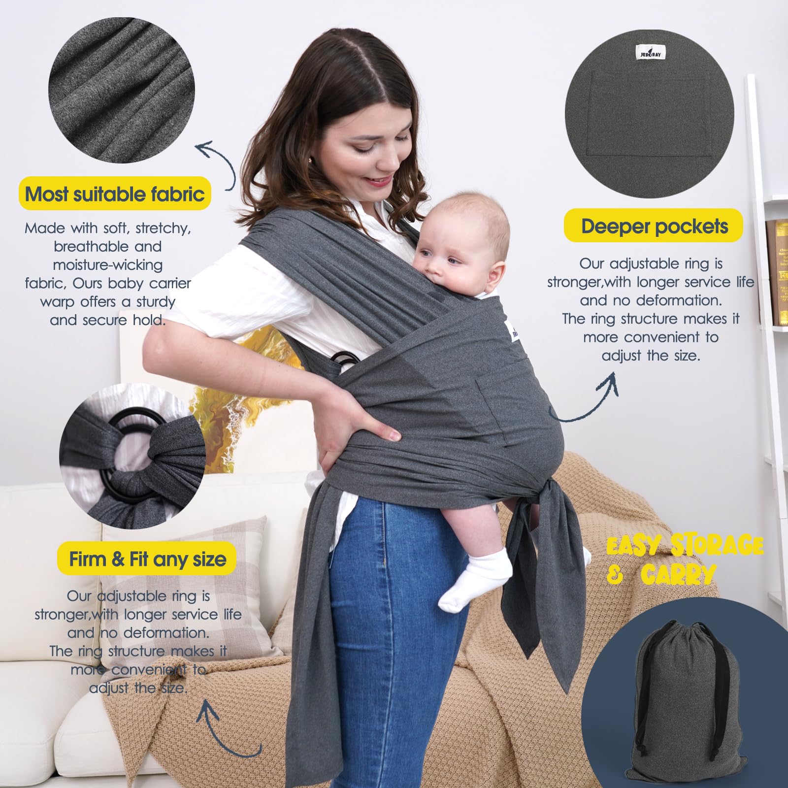 Jeroray baby wrap sling suitable from newborn to toddler usage.