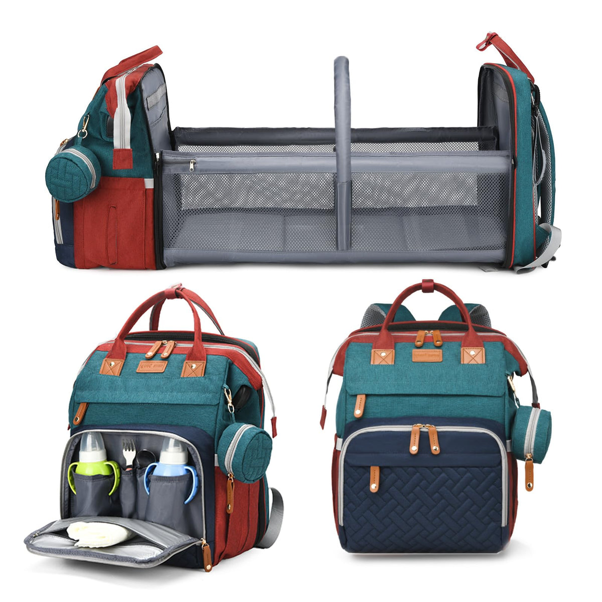 Jeryswet diaper bag with folding-changing-station enables quick on-the-go diaper changes.