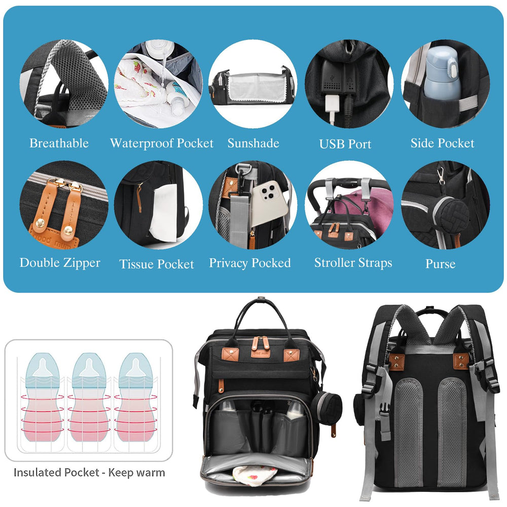 Jeryswet diaper bag stroller-straps enable hands-free transport.