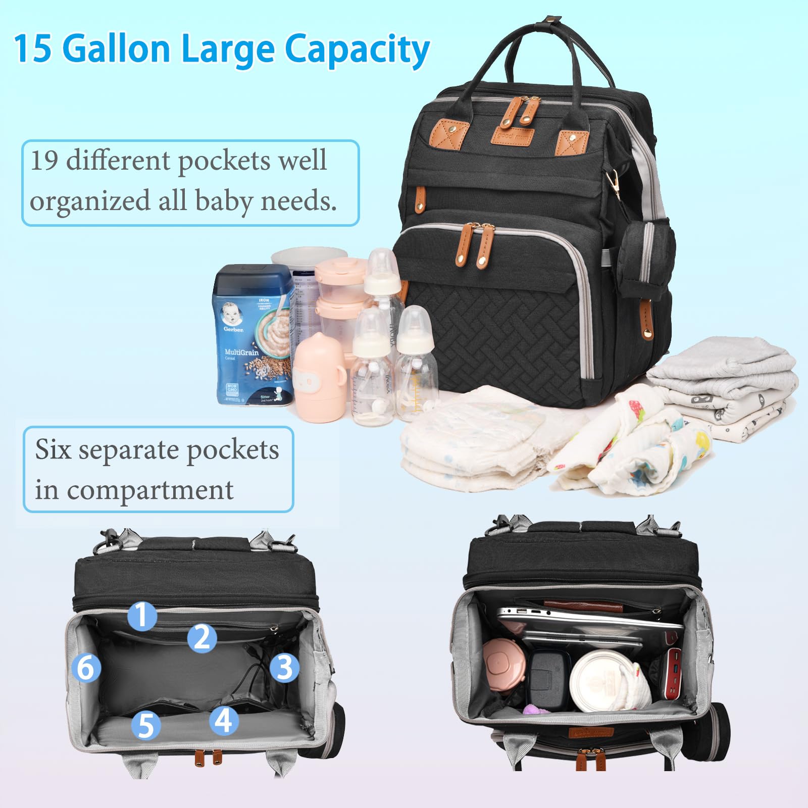 Jeryswet diaper bag waterproof exterior protects contents in rain or messes.