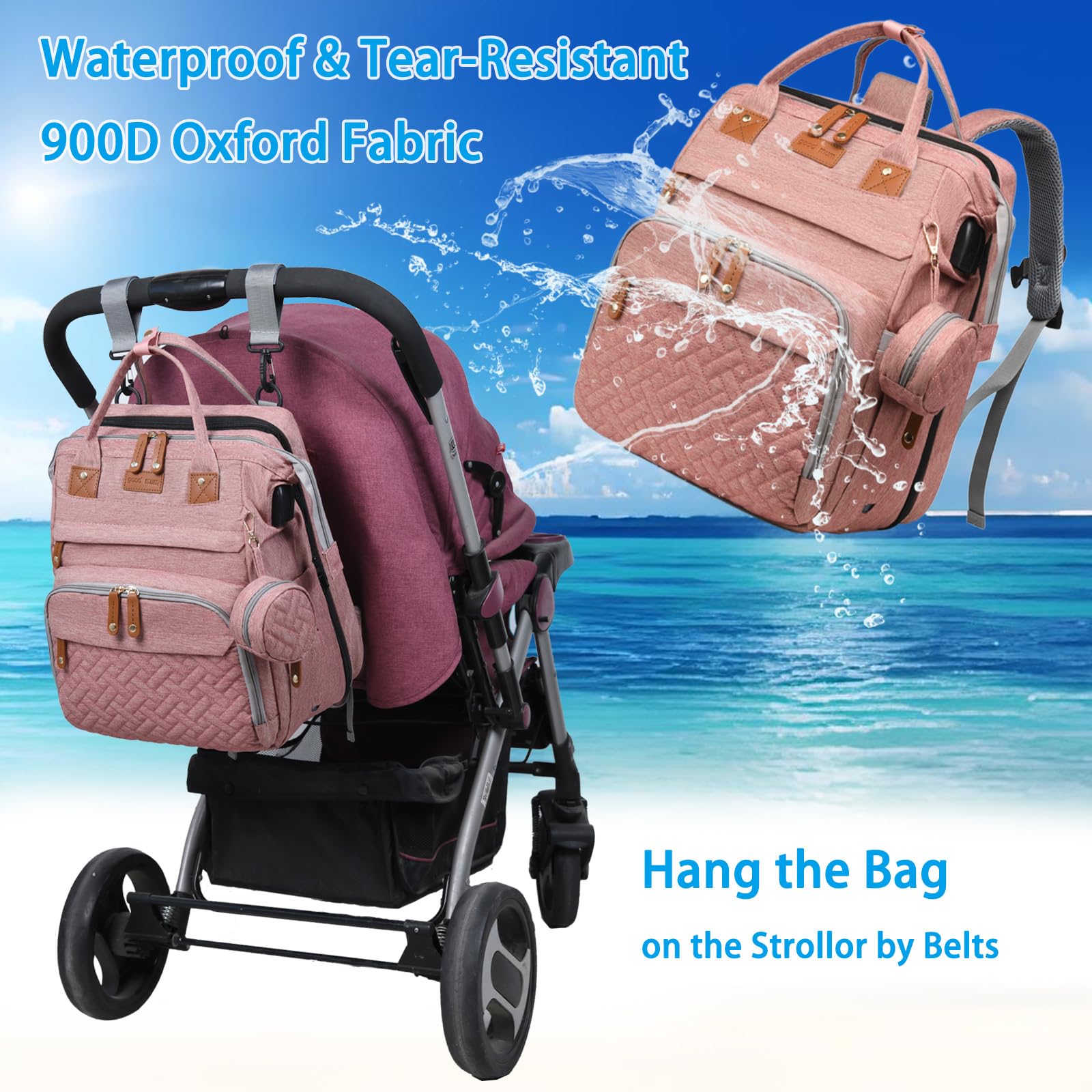 Jeryswet diaper bag with wide straps and built-in stroller straps for hands-free outings.