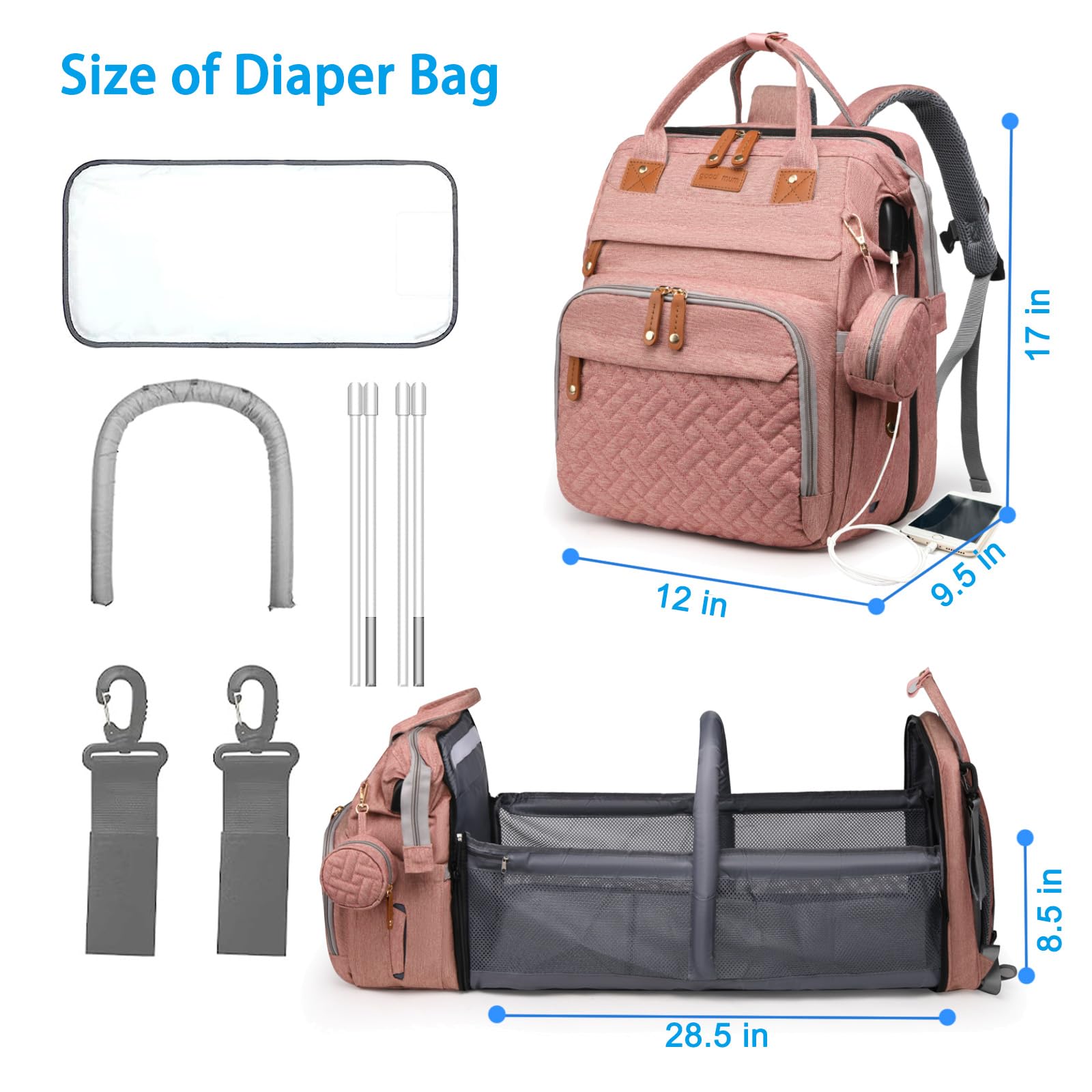 Jeryswet diaper bag features USB charging port for convenient device recharge during day trips.