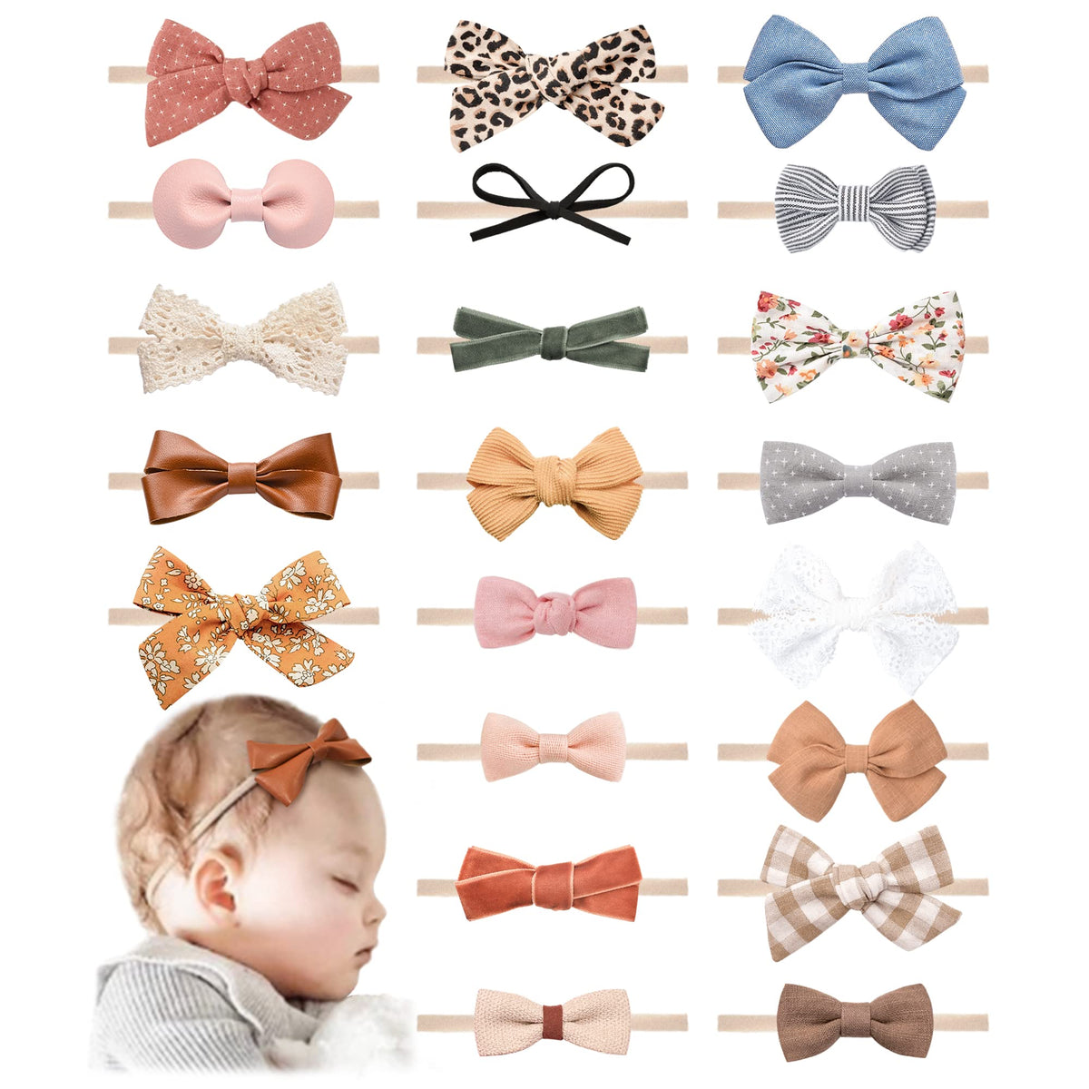 Jesries 21-pc baby headbands and bows offer versatile styles for daily outfits.