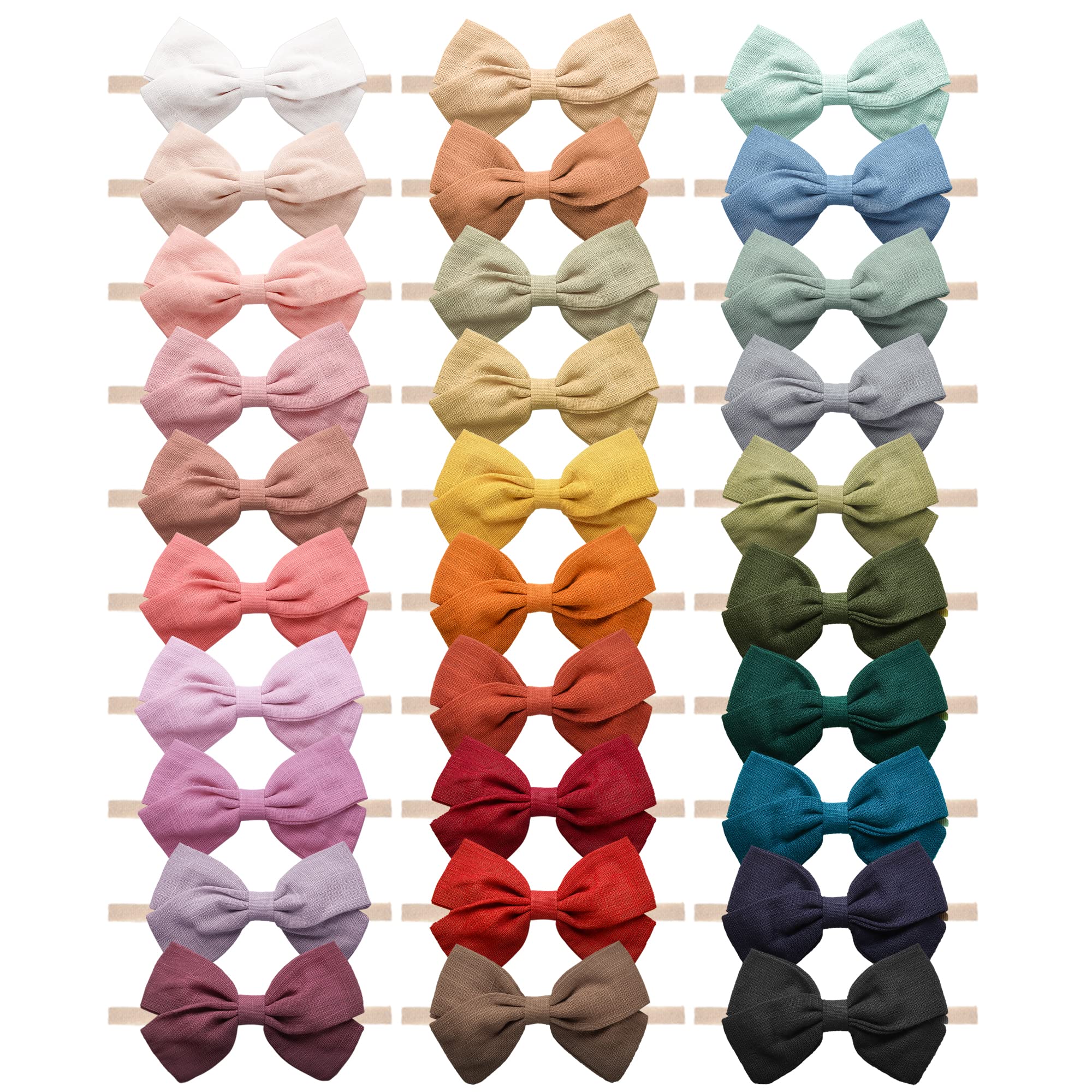 Jesries 30-pcs baby headbands closeup with linen bows and gentle fabric for newborns