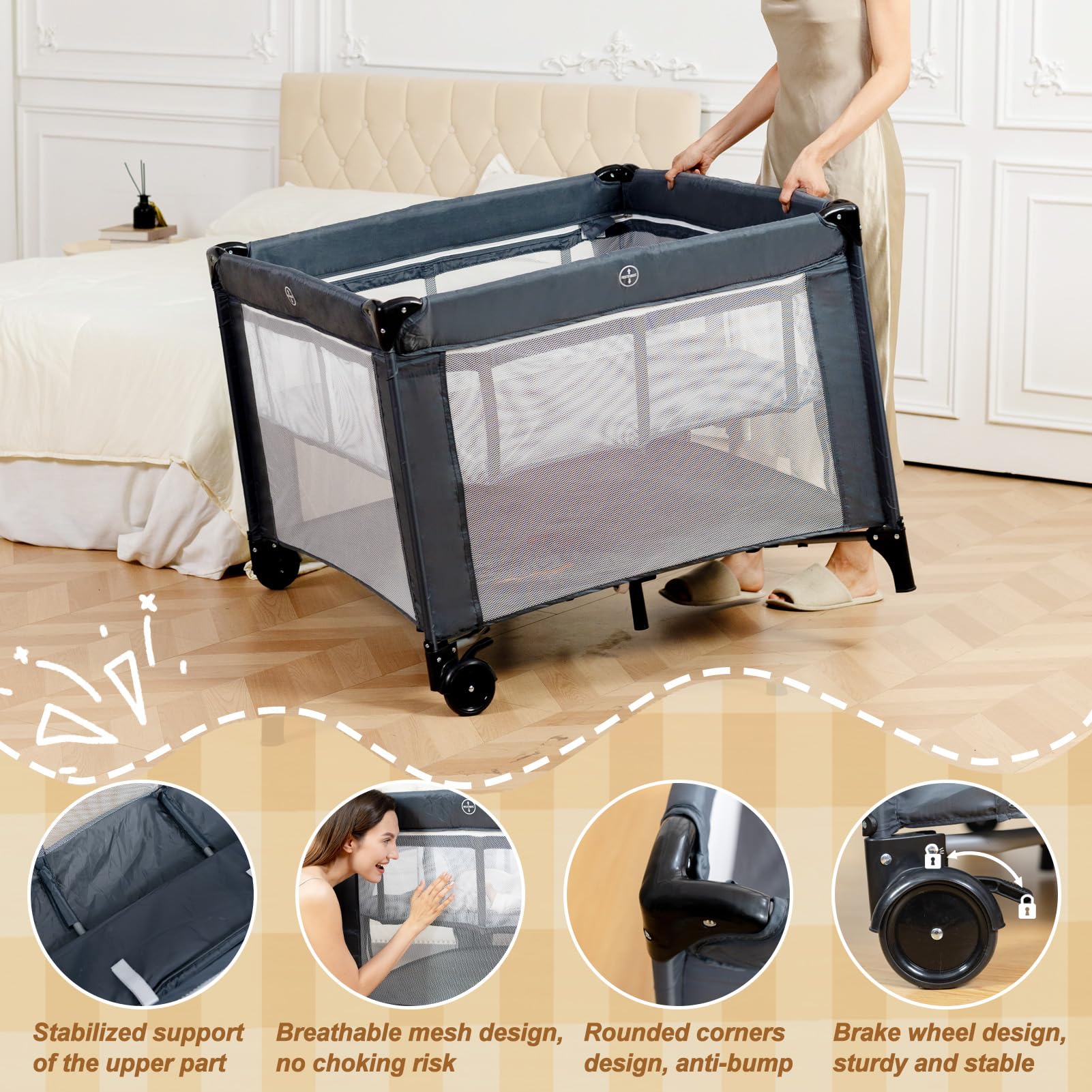 Jestonten Twin Bassinet 3-in-1 setup shows bassinet, playard, and storage use.