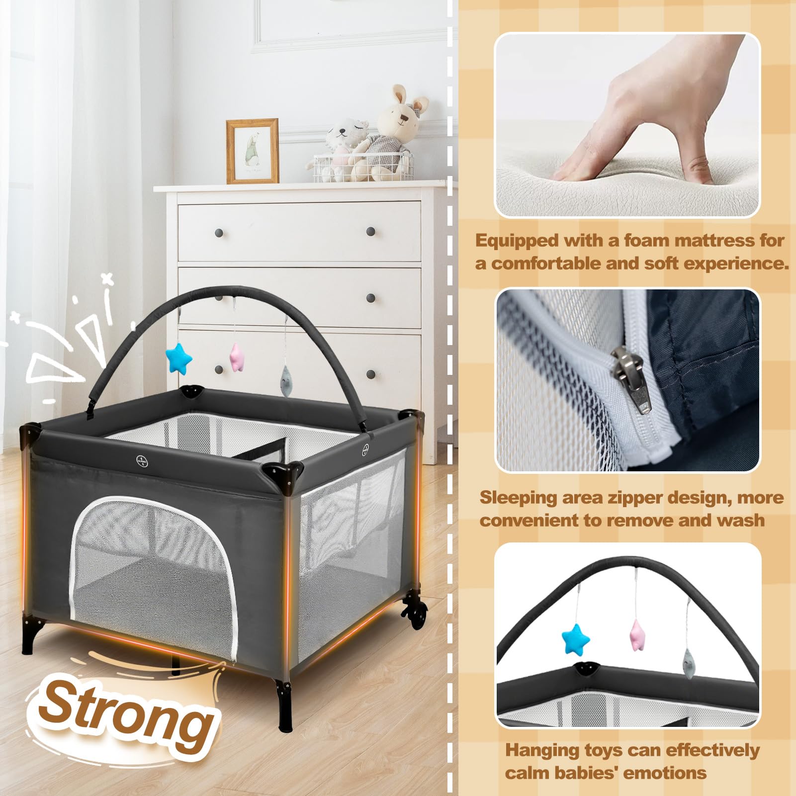 Jestonten Twin Bassinet with hanging toys to engage twins during play.