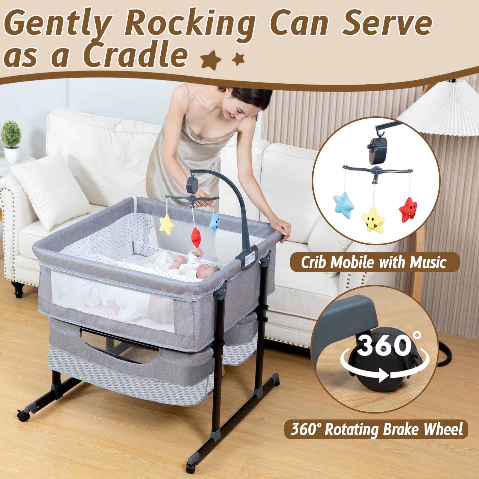 Jestonten twin bassinet height-adjustment aligns with beds for convenient nursing