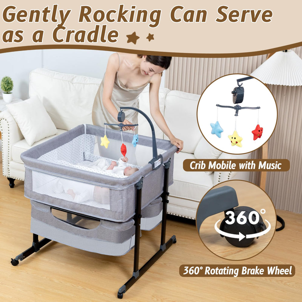 Jestonten twin bassinet height-adjustment aligns with beds for convenient nursing