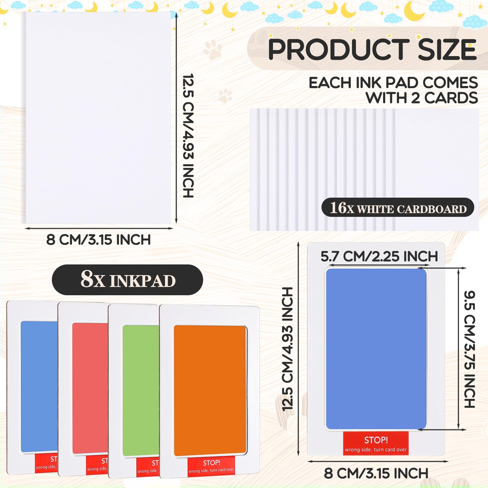 Jetec inkless baby handprint kit imprint cards with bright colors ready for framing.