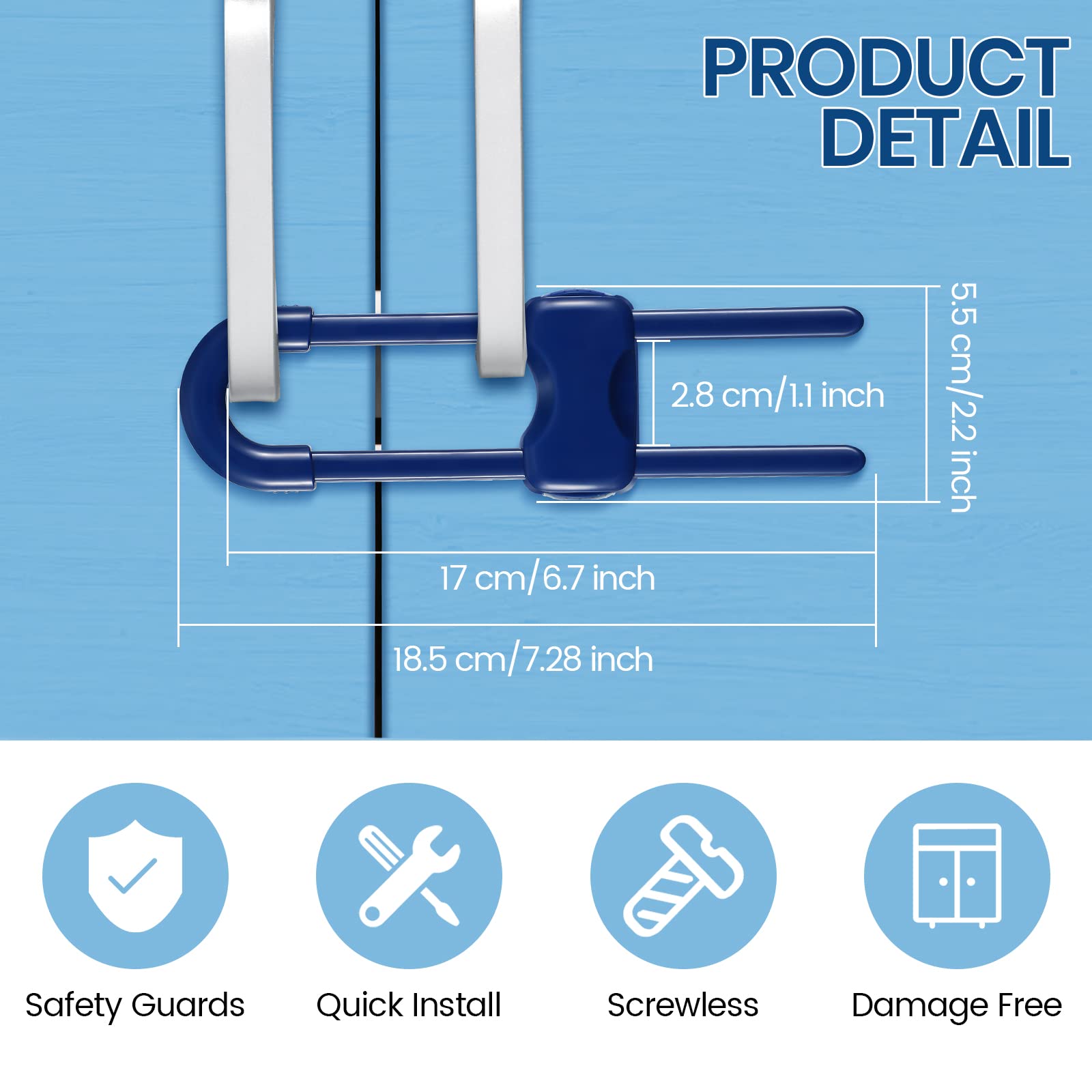 Jetec cabinet locks blue in-use on kitchen drawers demonstrates tool-free safety for kids.