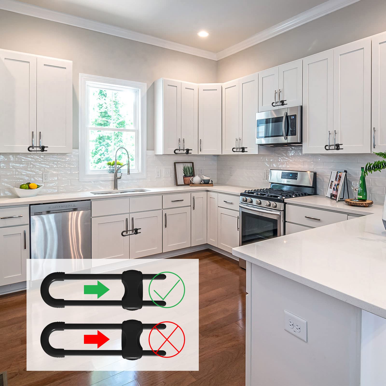 Jetec cabinet locks in use beside baby-safe storage in kitchen.