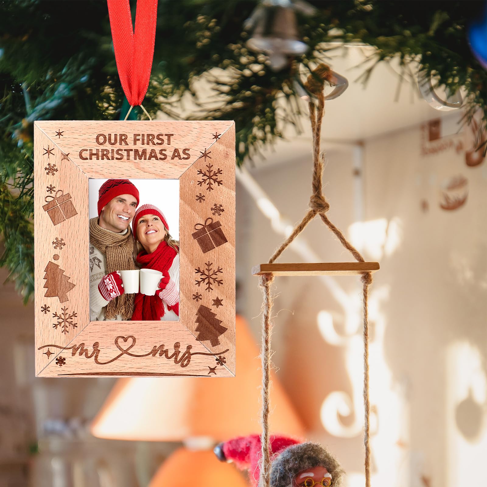 Jetec Christmas tree hanging ornament with red satin ribbon for easy display.