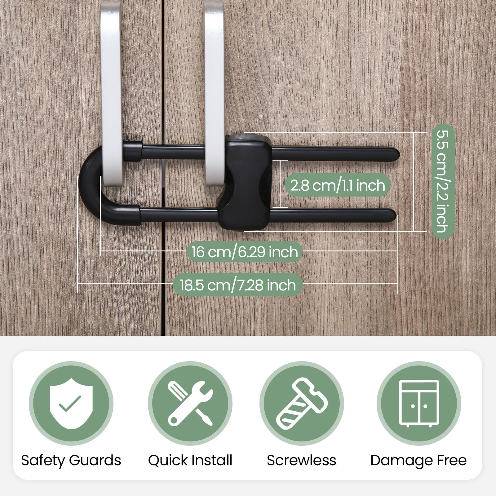 Jetec u-shape cabinet locks on knobs demonstrate secure accessibility for adults and child safety.