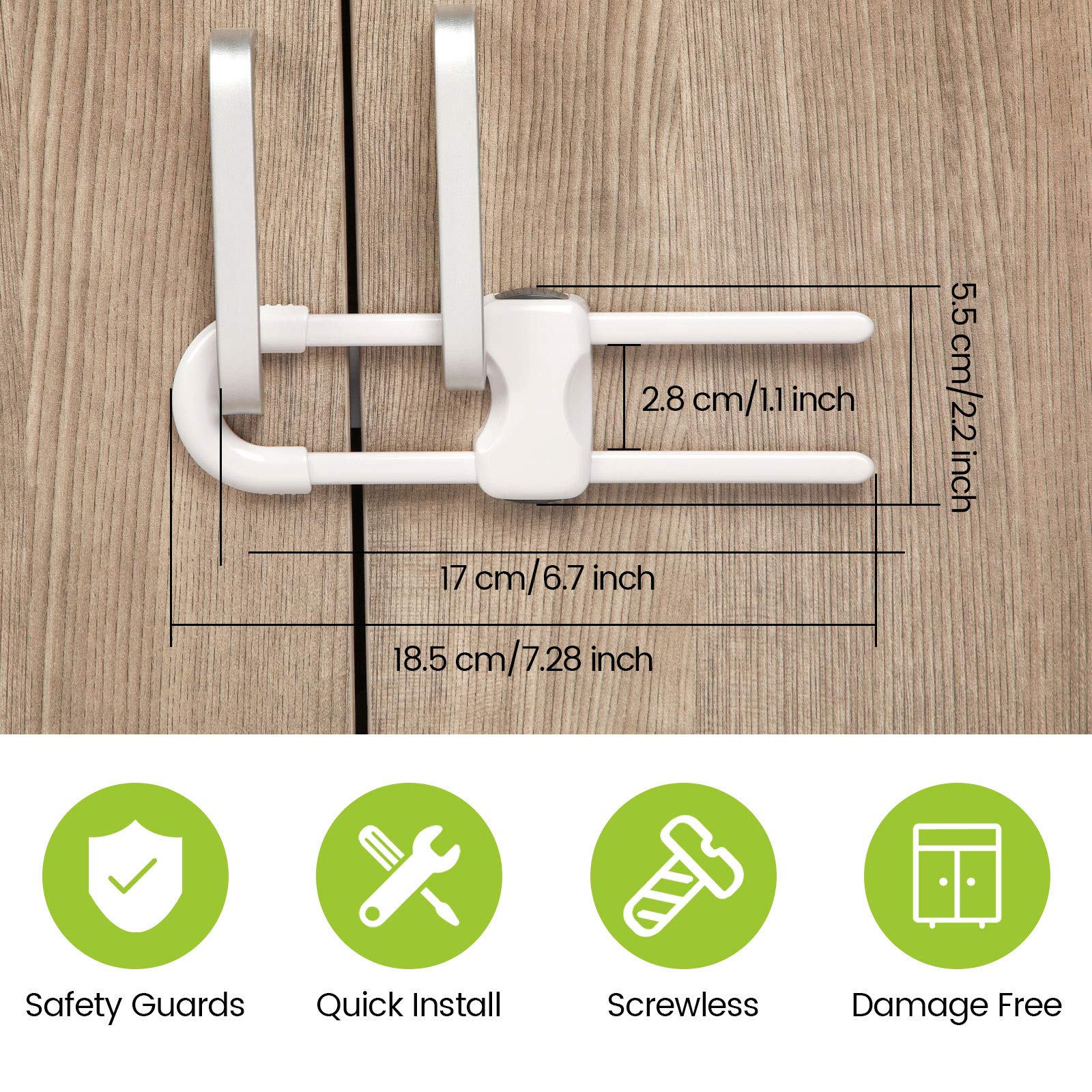 Jetec U-shaped cabinet locks installed on knobs demonstrate tool-free setup for quick safety.