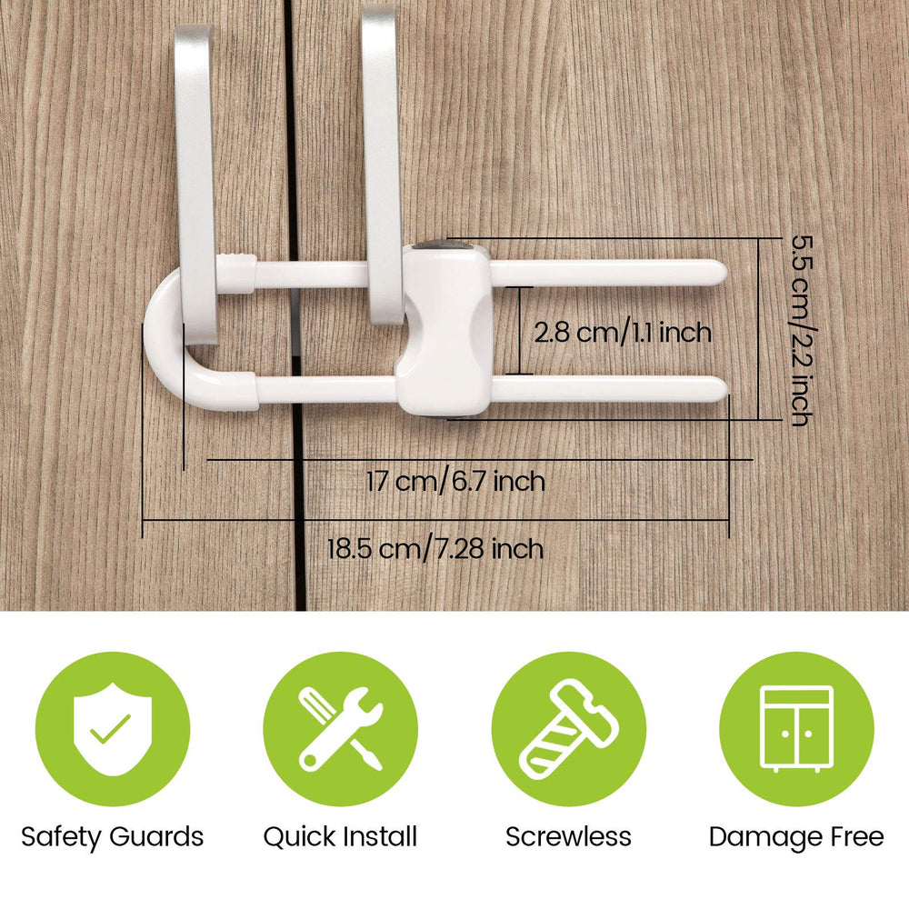 Jetec U-shaped cabinet locks installed on knobs demonstrate tool-free setup for quick safety.