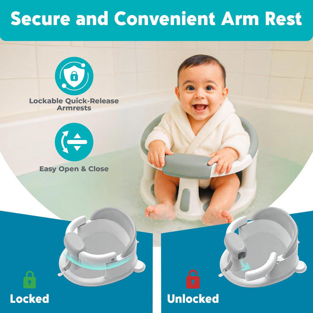 JetFresh bath seat ergonomic design with wrap-around armrests enhances security during bath.