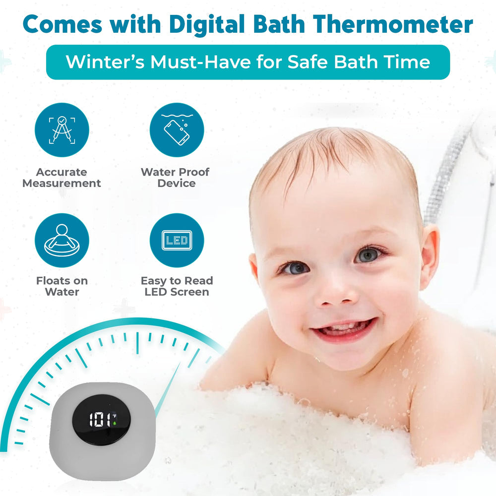 JetFresh bath seat floating thermometer sits above water, signaling temperature with color alerts.