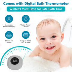 JetFresh bath seat floating thermometer sits above water, signaling temperature with color alerts.