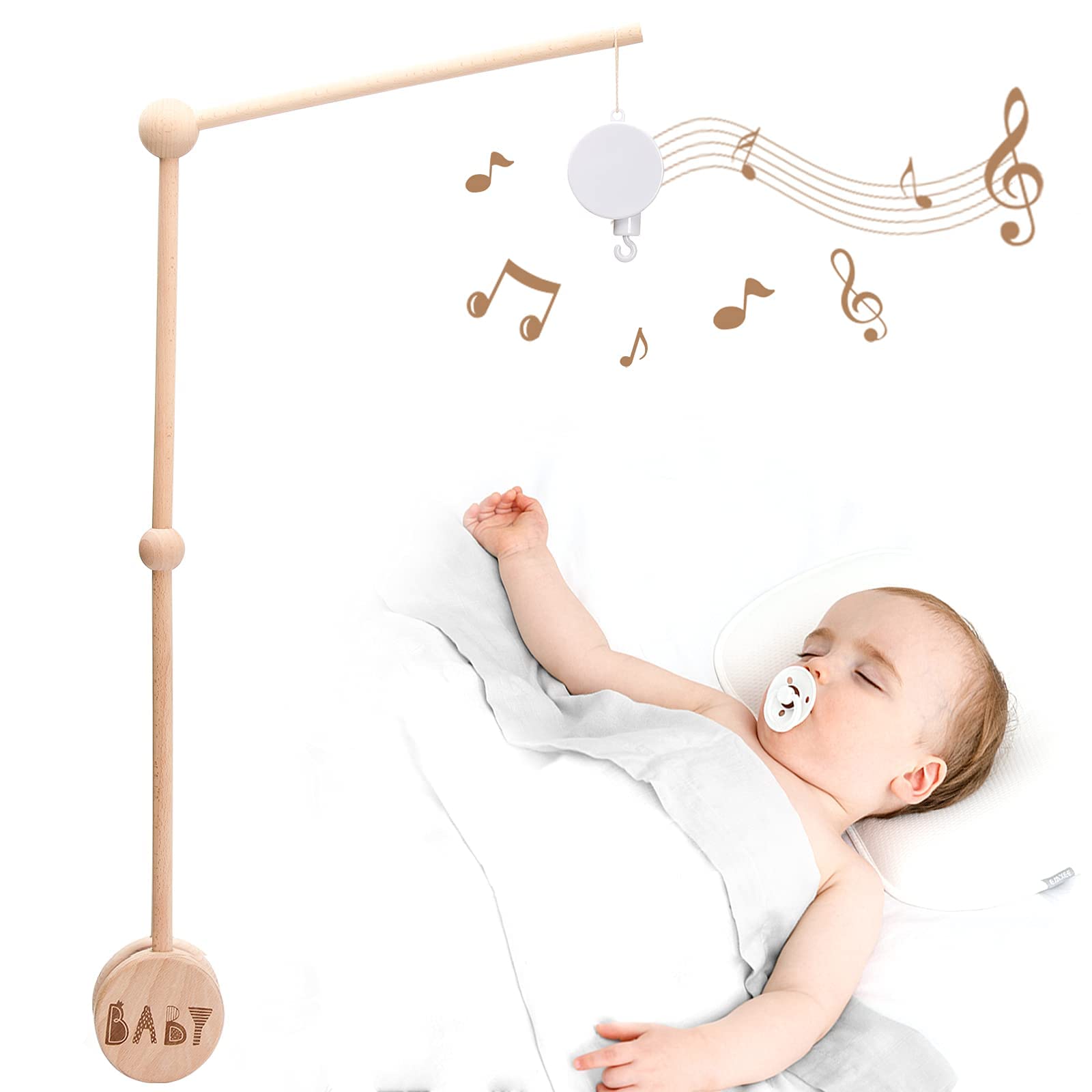 JETM·HH baby crib mobile arm with natural beech finish for safe nursery decor.