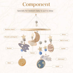 JETM·HH space nursery mobile astronaut figure and planets support visual tracking and baby focus.