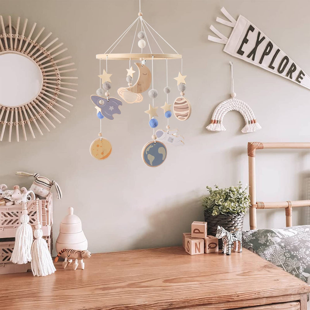 JETM·HH blue space mobile makes a thoughtful newborn gift and charming nursery decor.