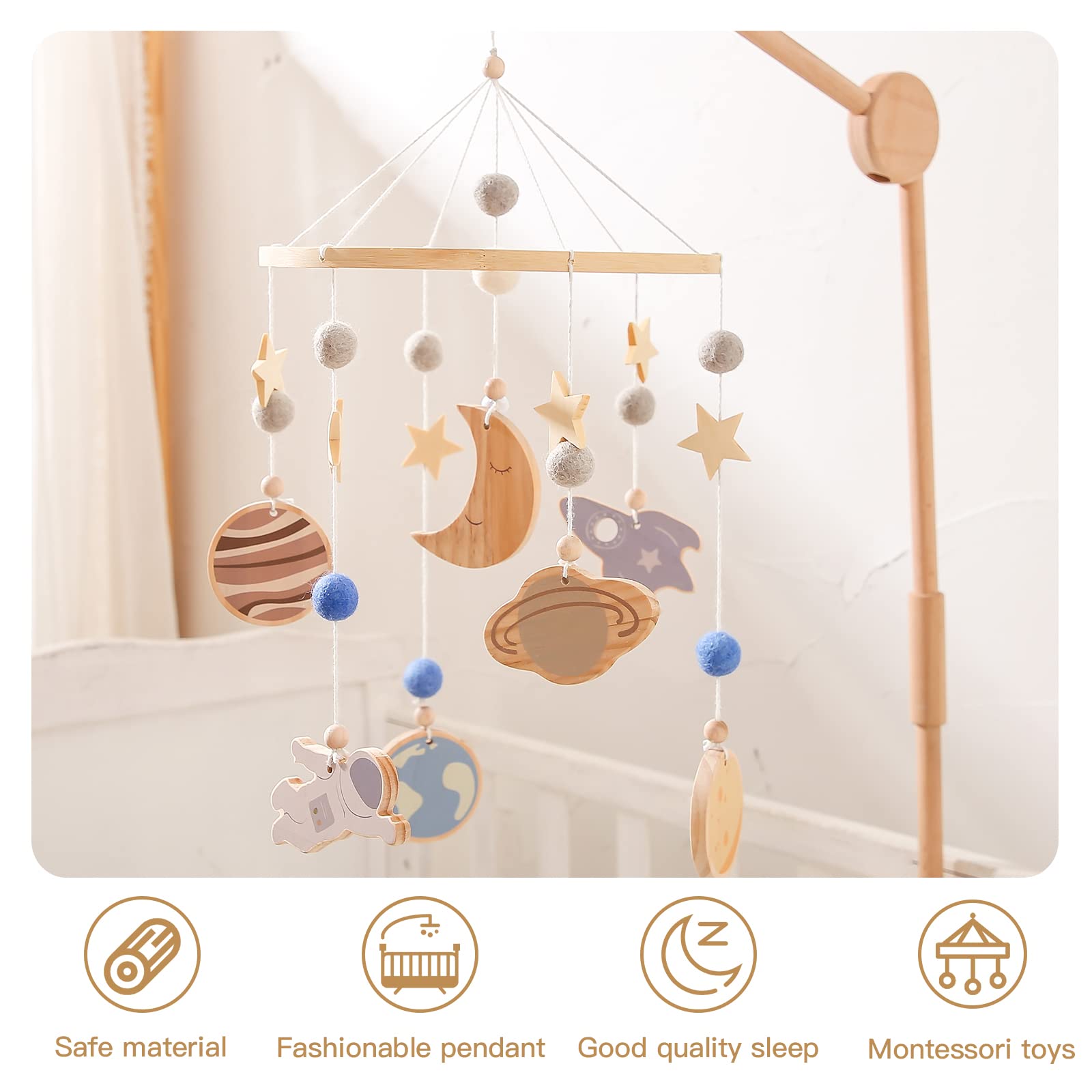 JETM·HH space nursery mobile stars accents for calm, space-themed bedtime ambience.