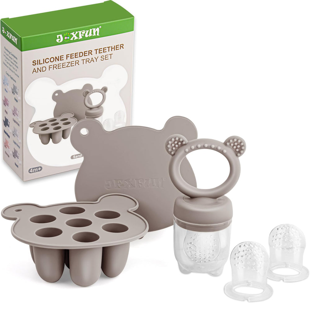 JEXFUN silicone baby feeder with pacifier in Sand color enabling safe solids.