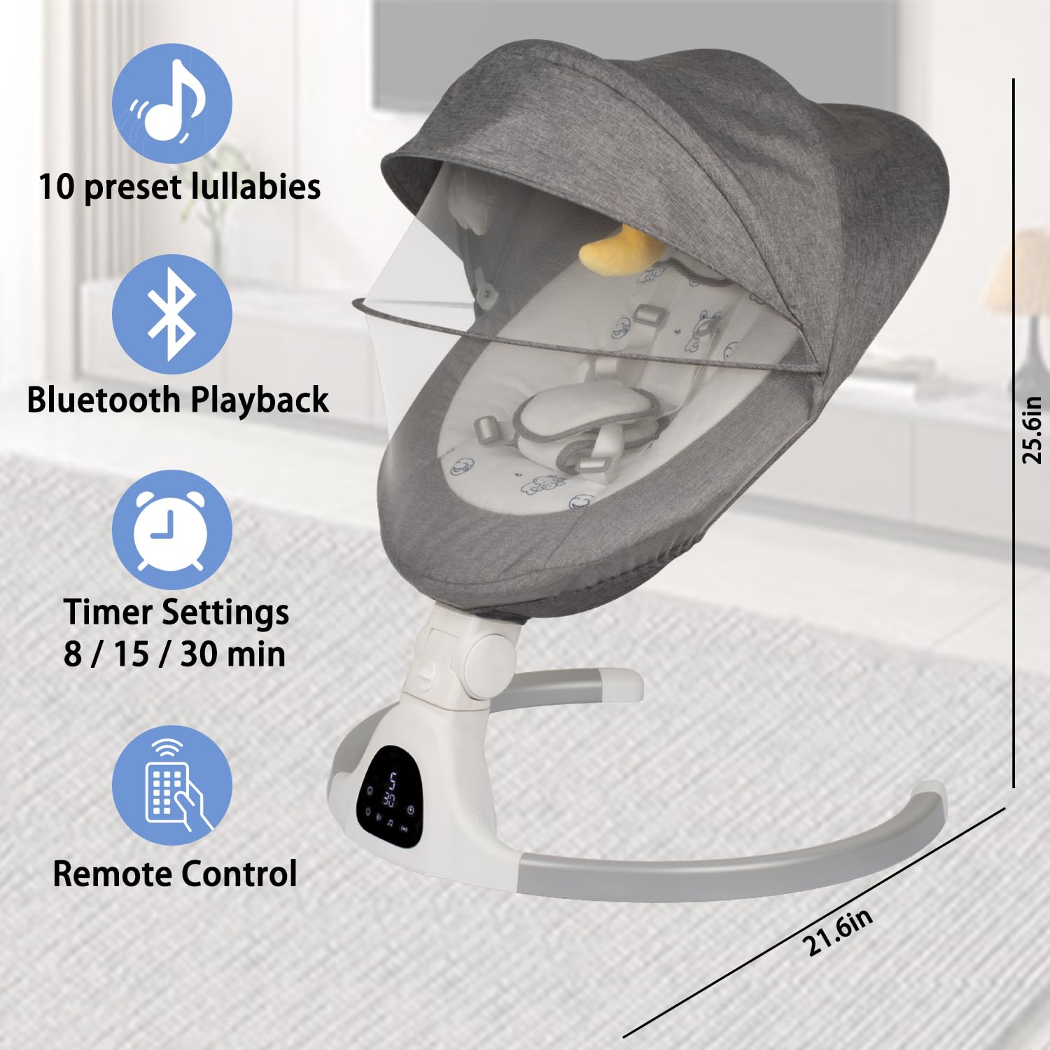 JFOVMCYG baby swing 5-point harness with secure straps for safety.