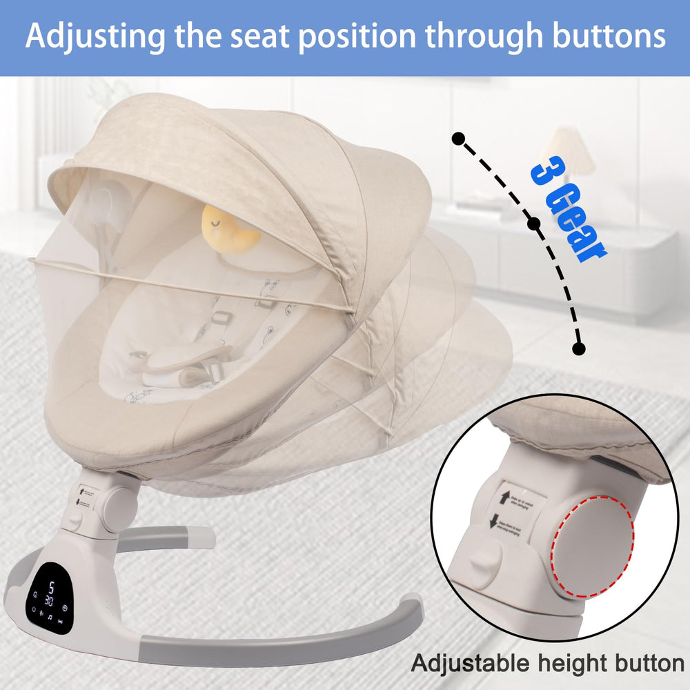 JFOVMCYG baby swing ivory white Bluetooth control panel displaying lullabies