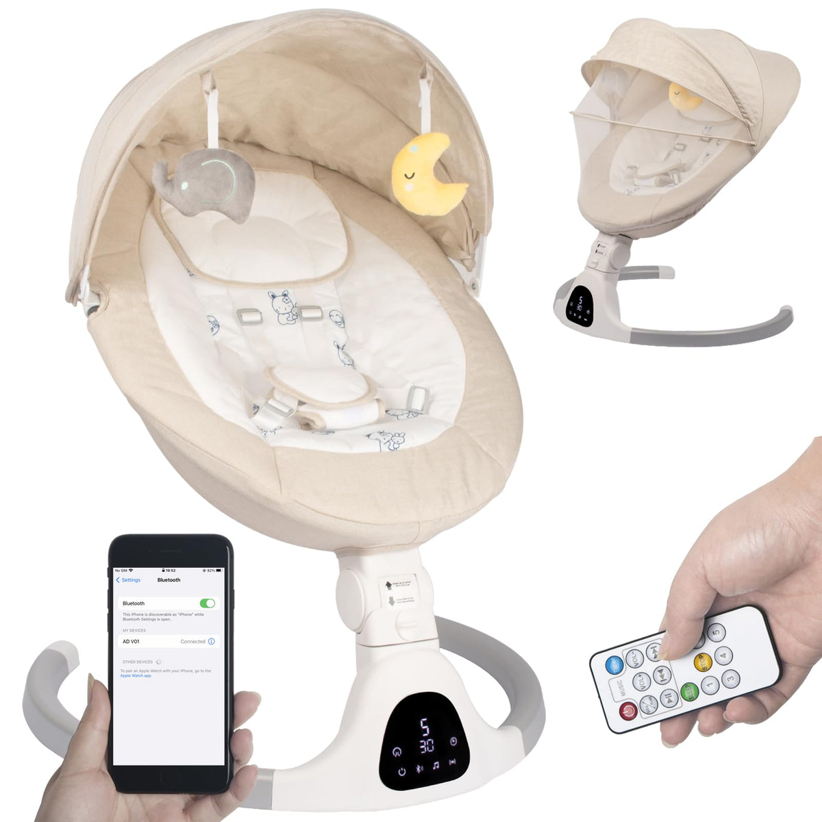 JFOVMCYG baby swing ivory white front view with secure 5-point harness