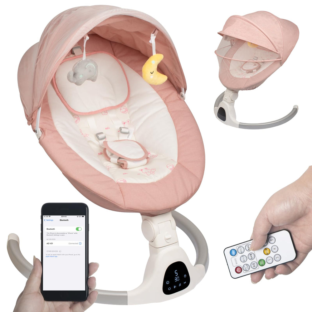 JFOVMCYG baby swing pink seat demonstrates plush comfort for soothing naps.