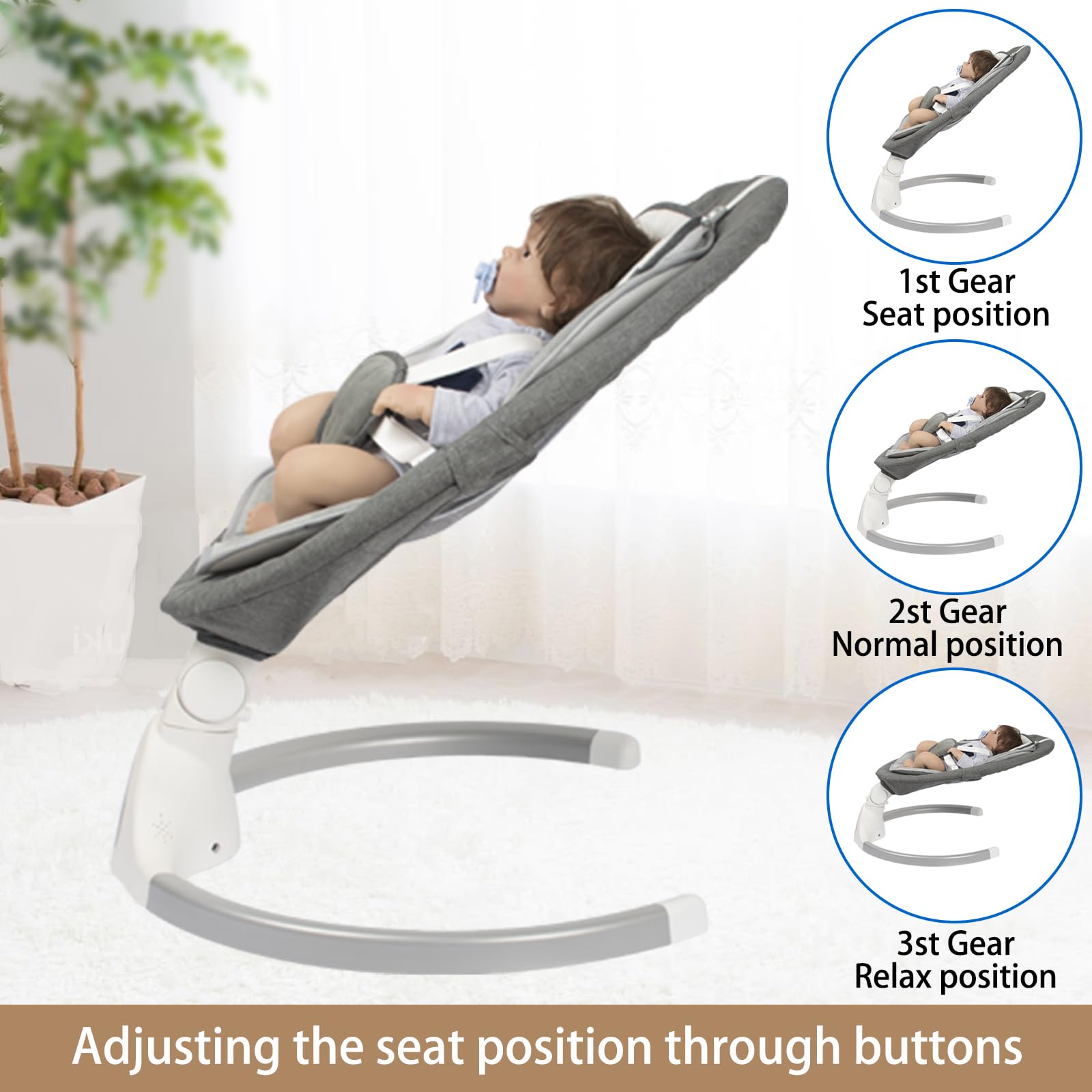 JFOVMCYG electric baby swing gray seat detail highlighting soft washable fabric