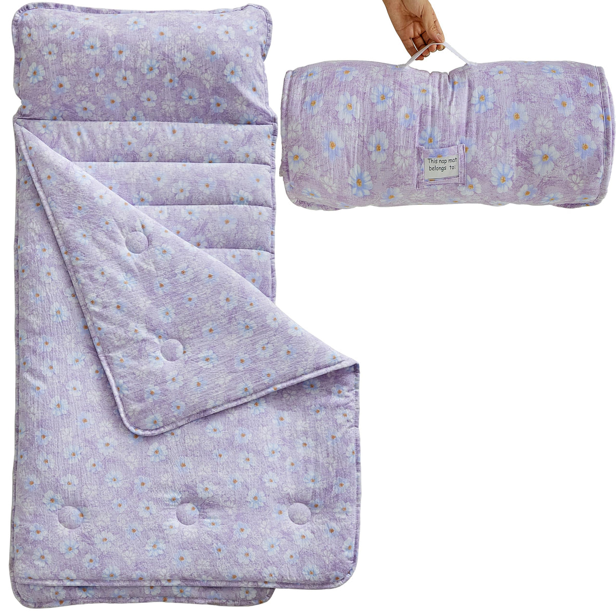 JHCHMX floral toddler nap mat rolled for easy travel and daycare portability.
