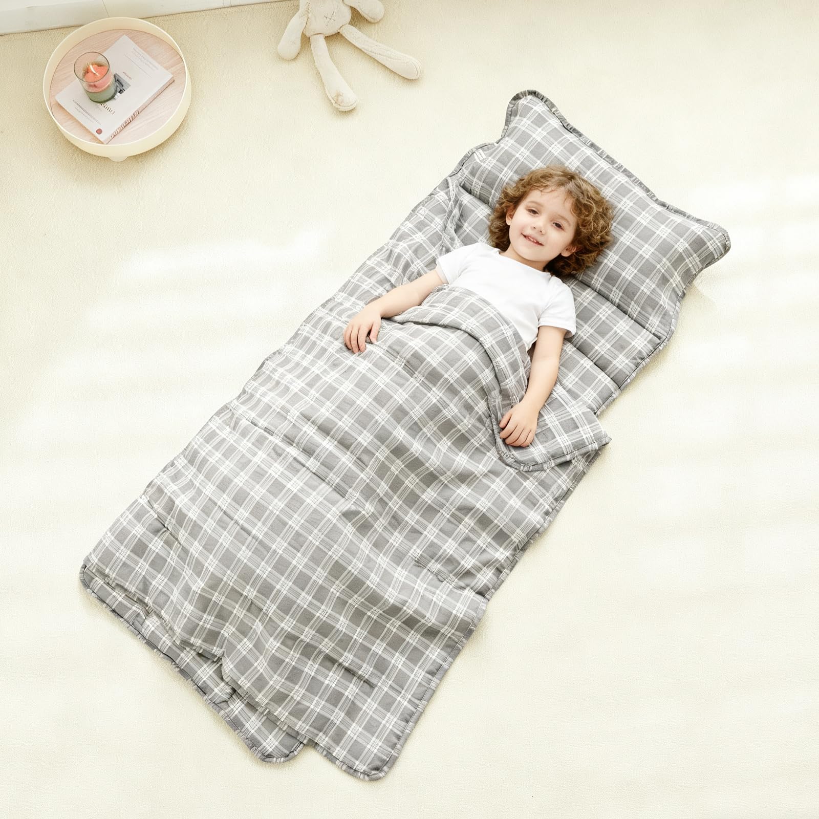 JHCHMX gingham gray nap mat shown in a preschool classroom.