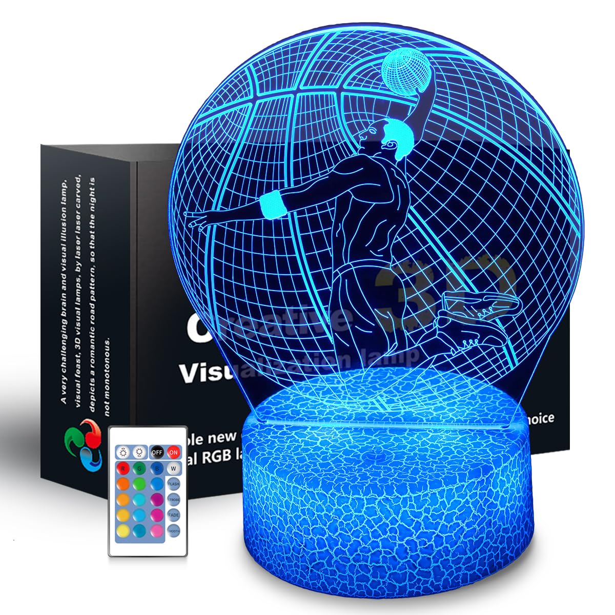 JHXLAMP 3D basketball lamp on table delivers vivid illusion for night time ambiance.