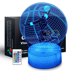 JHXLAMP 3D basketball lamp on table delivers vivid illusion for night time ambiance.