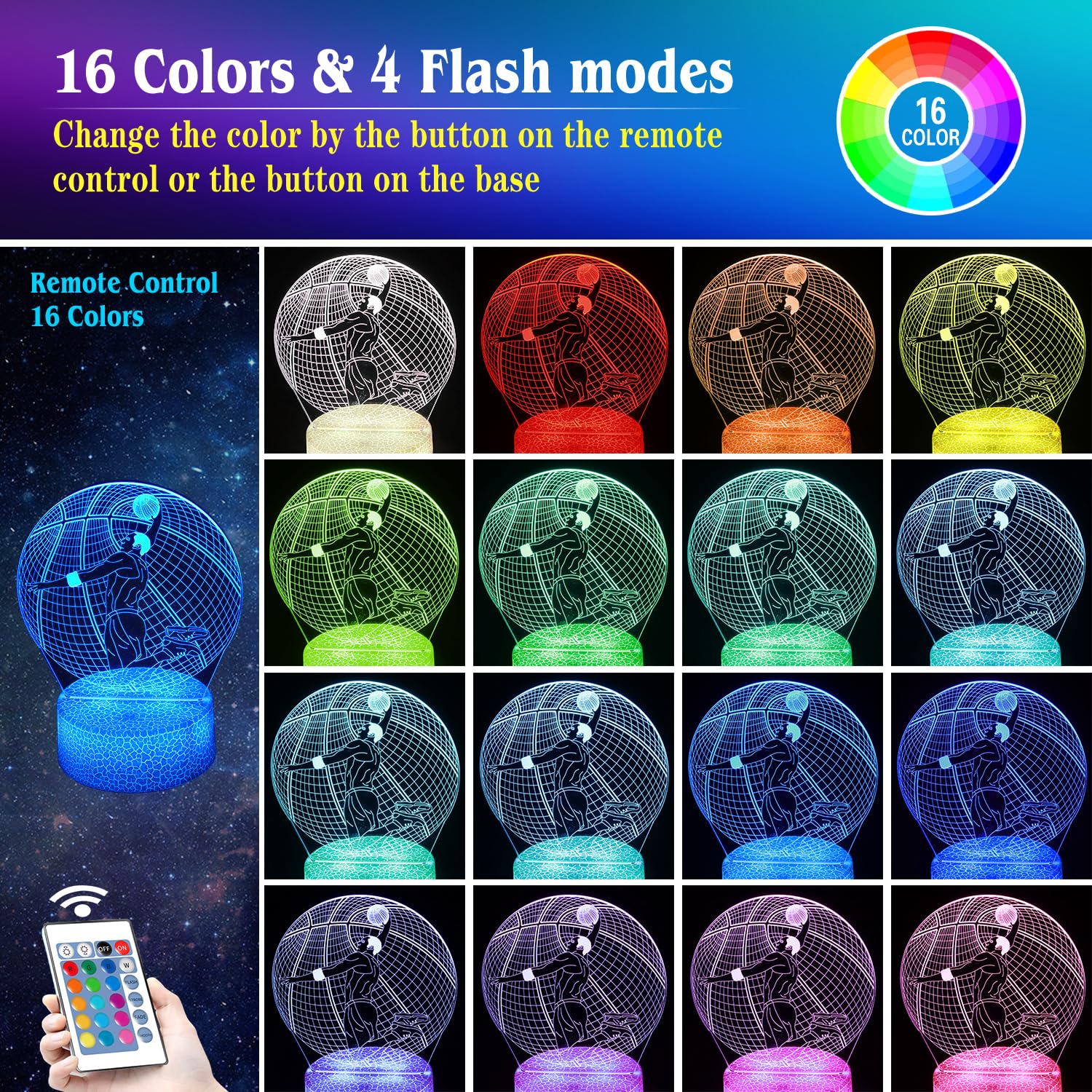 JHXLAMP basketball night light remote control color changing feature for easy mood lighting.