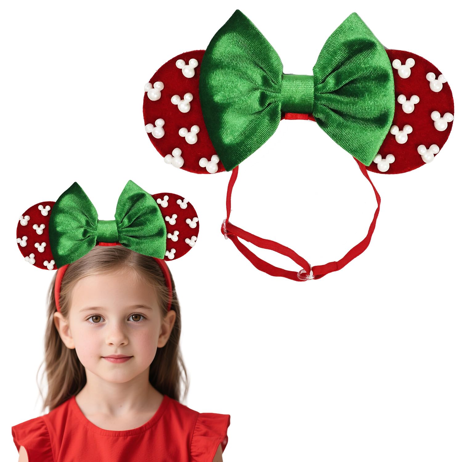 JIAHANG Christmas velvet mouse-ear headband with red ears and green bow, ideal festive photo prop.