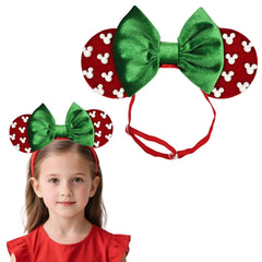 JIAHANG Christmas velvet mouse-ear headband with red ears and green bow, ideal festive photo prop.