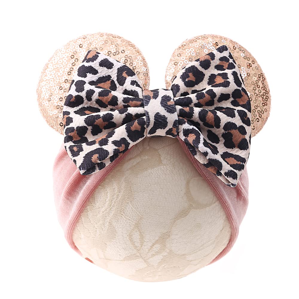 JIAHANG mouse ears headband in pink leopard, perfect for newborn photos and everyday outfits.