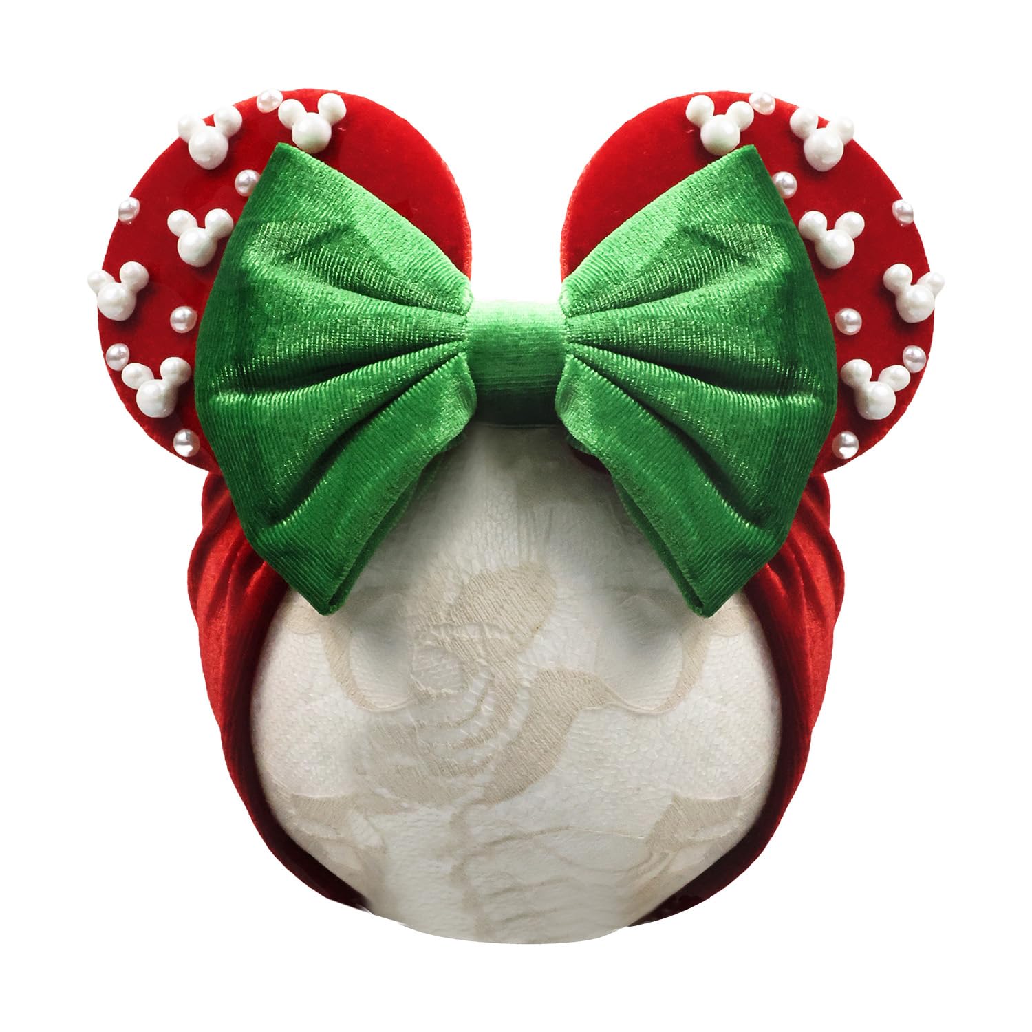 JIAHANG velvet headwrap for babies featuring green bow and pearl beads