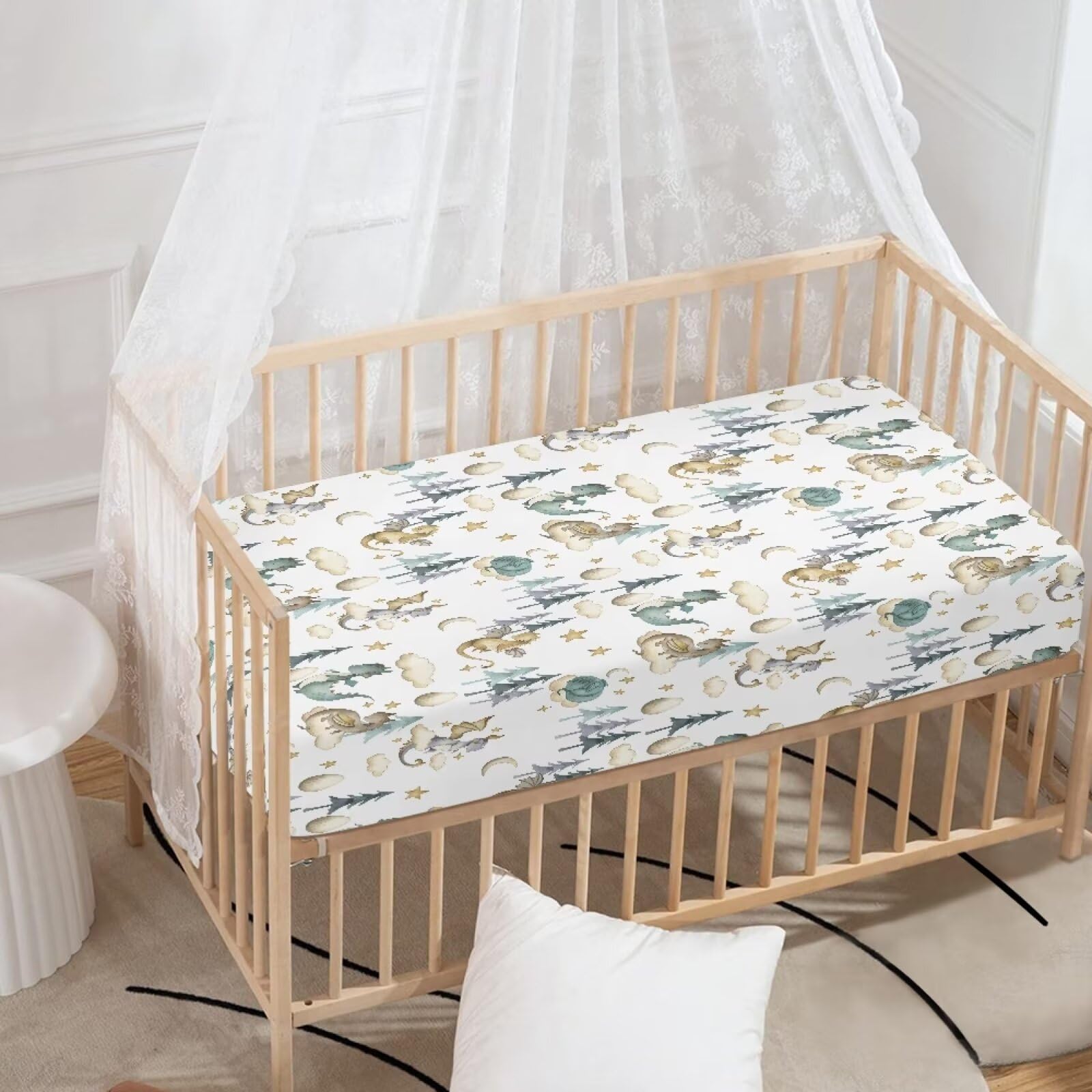 JIANADAER dragon crib sheet elastic edges demonstrated for secure fit.